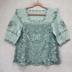 Sundance Shirt Womens Large Green Embroidered Lace Crochet Boho Square Neck